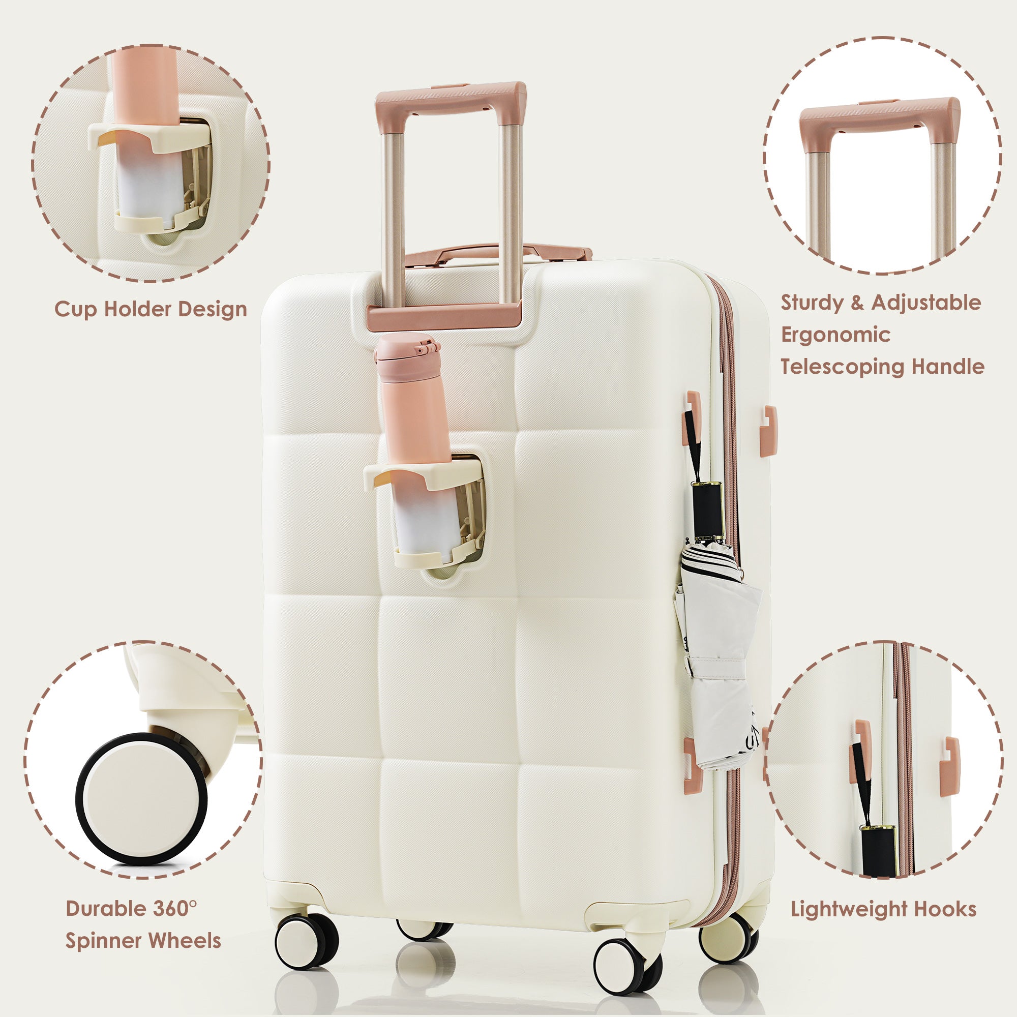 4-piece Suitcase Set With USB Port, Expandable ABS Durable Suitcase With Travel Bag, Cup Holder, With Spinner Wheels, Beige